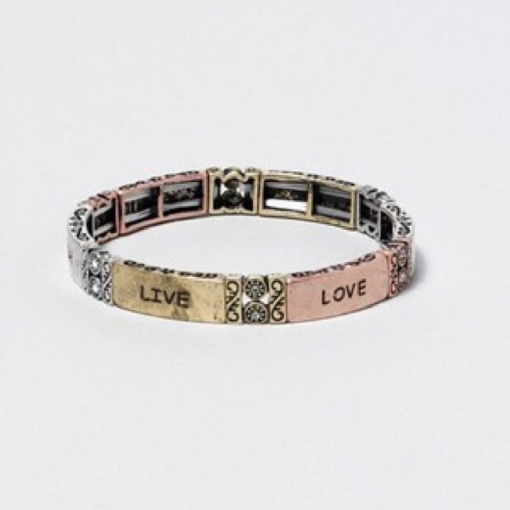 Live Laugh Love Tri-Tone Mixed Metal Panel Stretch Bracelet